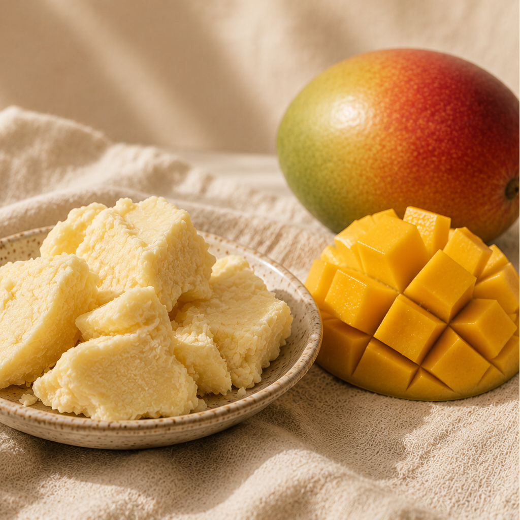 A small beige bowl filled with pale yellow mango-flavored confection pieces, styled on a cream fabric surface with whole and cubed mango fruit and green leaves nearby.